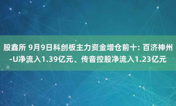 股鑫所 9月9日科创板主力资金增仓前十: 百济神州-U净流入1.39亿元、传音控股净流入1.23亿元